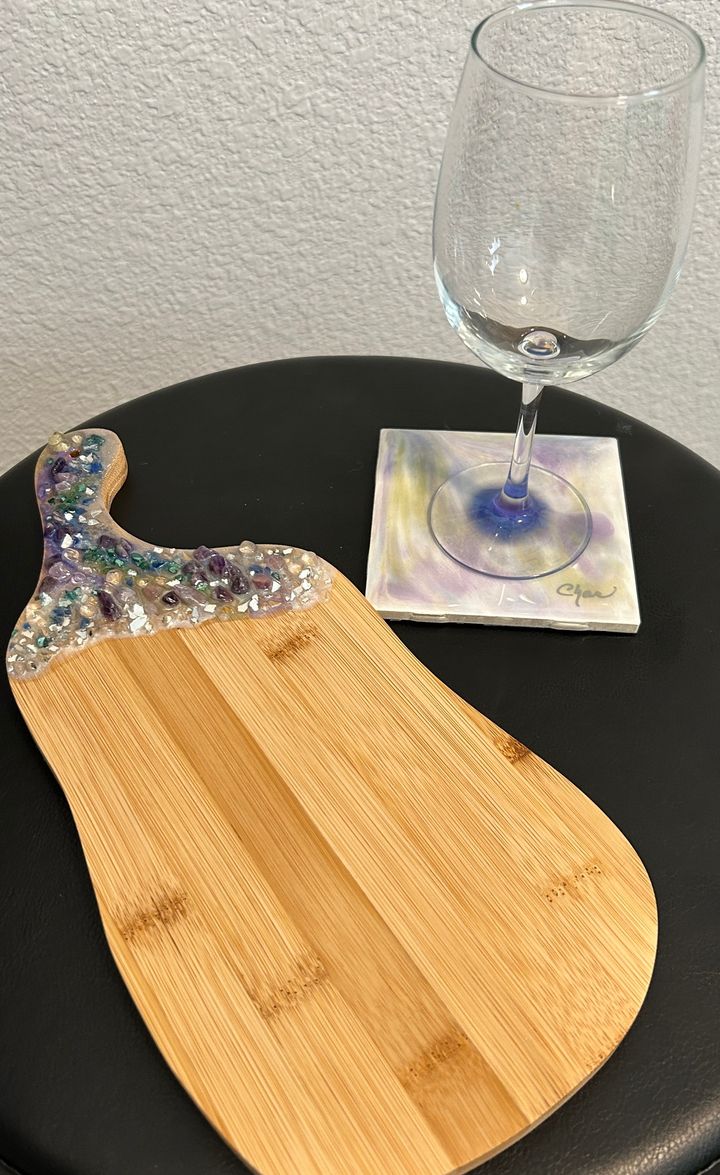 Hello everyone!  I wanted to share with you my newest pieces.  Just in time for that summer wine with friends party.  The colors are vibrant and these charcuterie board sets come with a cutting board  that has been embellished with semi precious stones, 4 wine coasters and 4 glasses.  These charcuterie board sets are sure to dazzle your guests and also make perfect unique gifts.  Please PM me if you would like a set and in what colors you want to match your decor. I need 3 weeks to complete custom orders.
